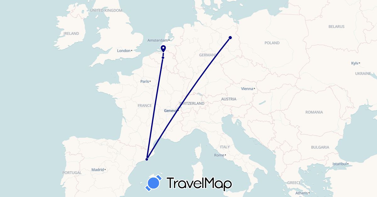 TravelMap itinerary: driving in Belgium, Germany, Spain (Europe)